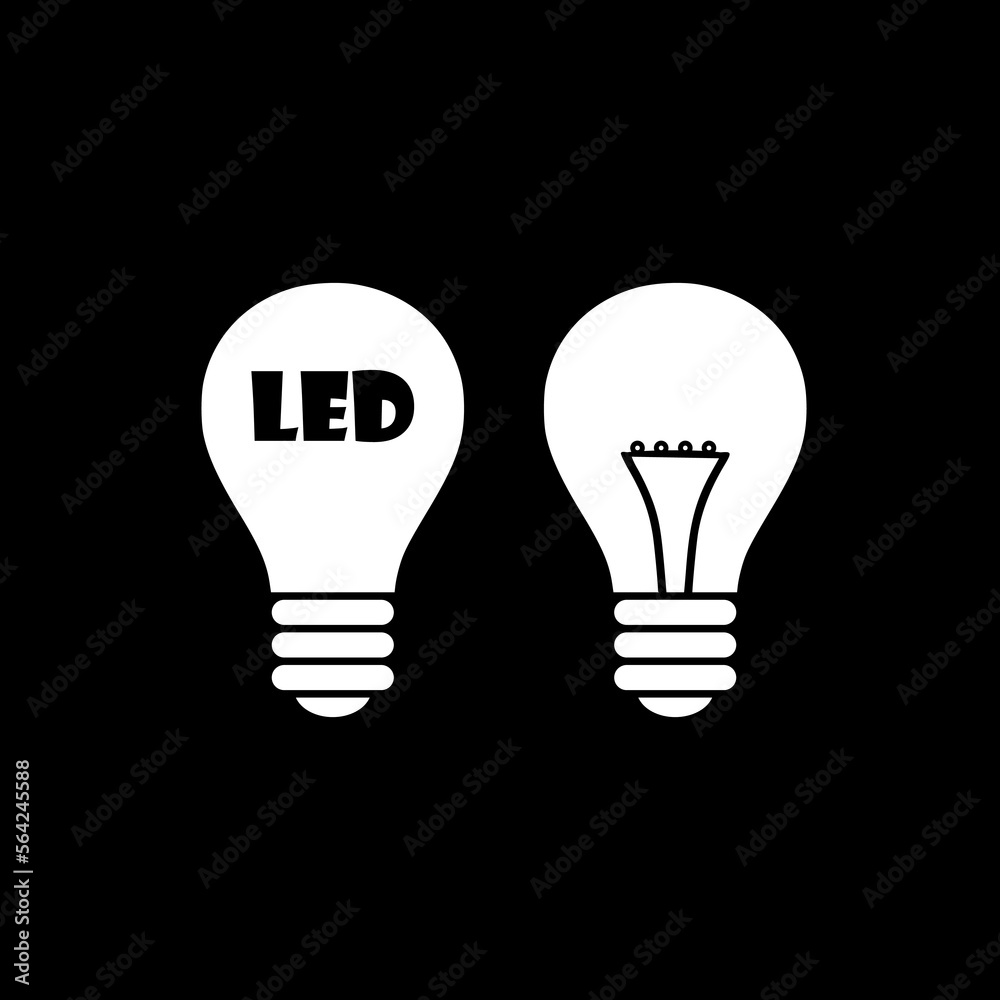 Led and usual light bulbs icon isolated on black background. Led and usual light bulbs icon isolated on black background.