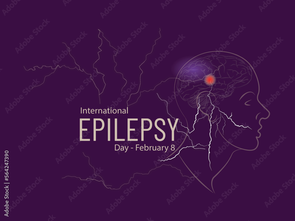 International Epilepsy Day-February 8, Brain with electric shock on a purple background