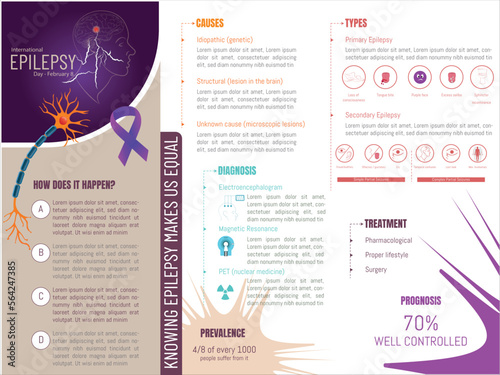 Infographic about epilepsy, causes, types, diagnosis and treatment with corresponding icons on a white background.