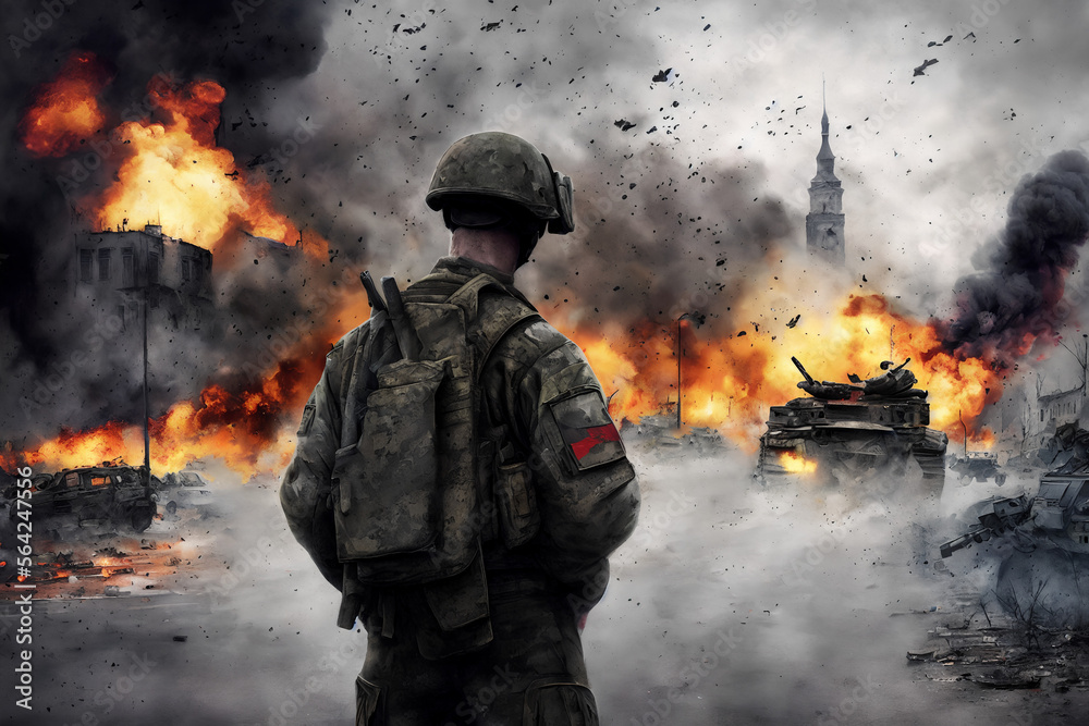 War in Ukraine, destroyed buildings in cities, explosions, army, tanks, created with Generative AI technology	