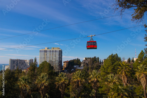 Cable car trip to viewpoints in the mountains. During the trip by cable car Tourists enjoy beautiful views and experience exciting.