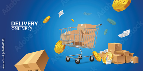 Parcel tracking app. delivery truck with cargo box is on a mobile phone. Online Parcel Inspection Concept.Online delivery transport logistics service. Warehouse factory express delivery box.	