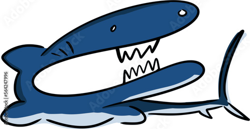 Vector drawing of a very cartoon blue shark. Her mouth is too wide and it teeth are too few. It funny, weird, silly, ridiculous, bizarre. On a white background, isolated. In cartoon style, doodle.