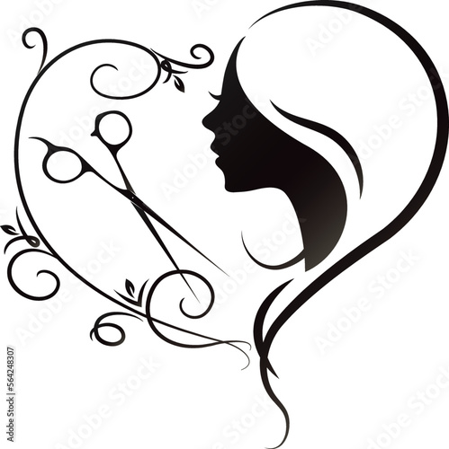 Girl face silhouette and heart pattern with stylist scissors. Design for beauty salon and hair stylist