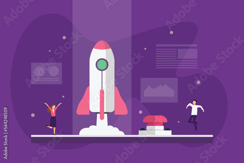 Creative Startup Rocket Launch - Happy people on rocket launch 2d vector illustration concept for banner, website, illustration, landing page, flyer, etc
