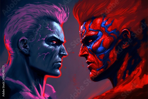 The two hero characters face off in purple and red, Generative Ai