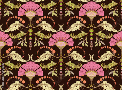 Decorative flowers and leaves in art nouveau style, vintage, old, retro style. Seamless pattern, background. Vector illustration.