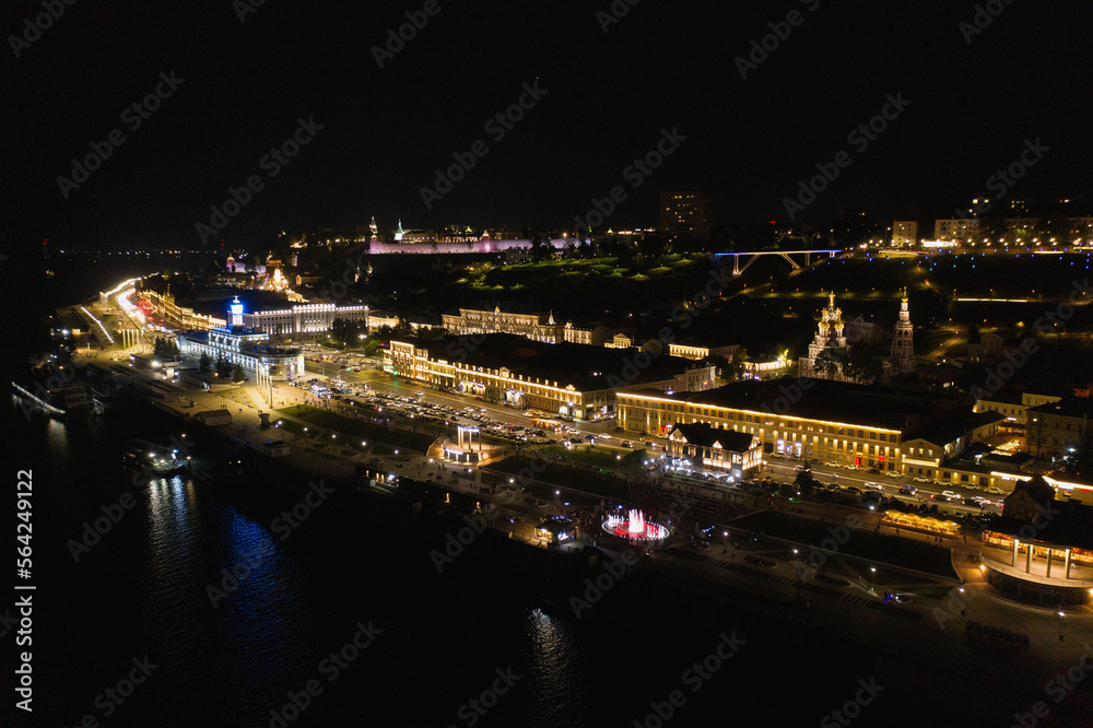 Nizhniy Novgorod, embankment. The historical part of the city at night. Aerial view.