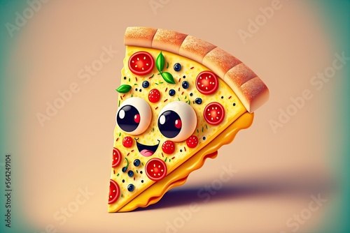 cute litte pizza slice with big eyes and smiling, character design, ai art photo