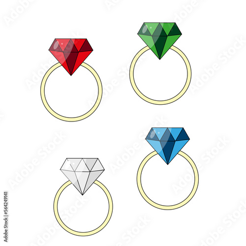 Set of colorful rings on white background. Ring with ruby, emerald, topaz and diamondd.  Marketing material.