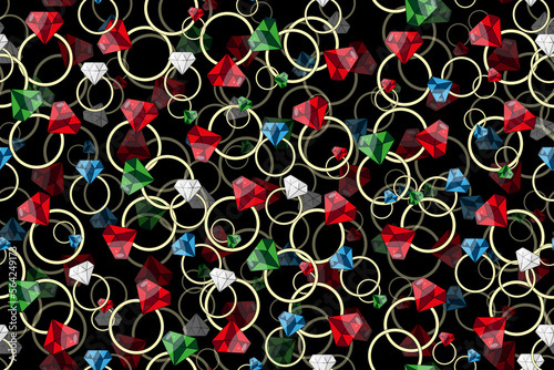 Seamless pattern with colorful rings. Ring with ruby, emerald, topaz and diamond on black background. Wallpaper for a jewelry store. Marketing material.