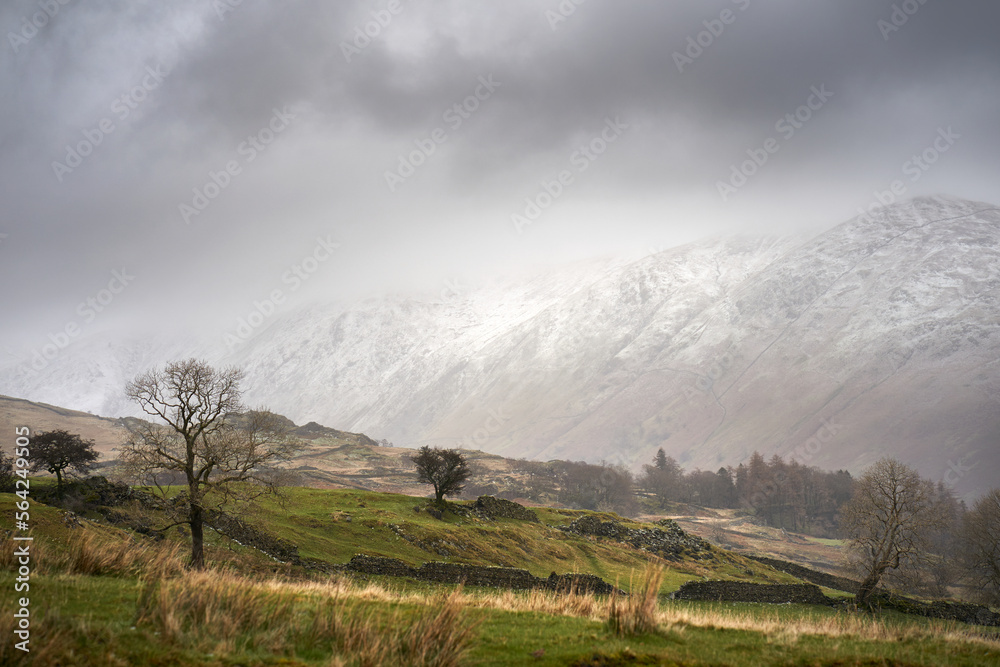 The snow covered summits of Ill Bell and Yoke from Nanny Lane dissappearing into the cloud on a cold winters morning in the Lake District Cumbrian Mountains, England, UK.