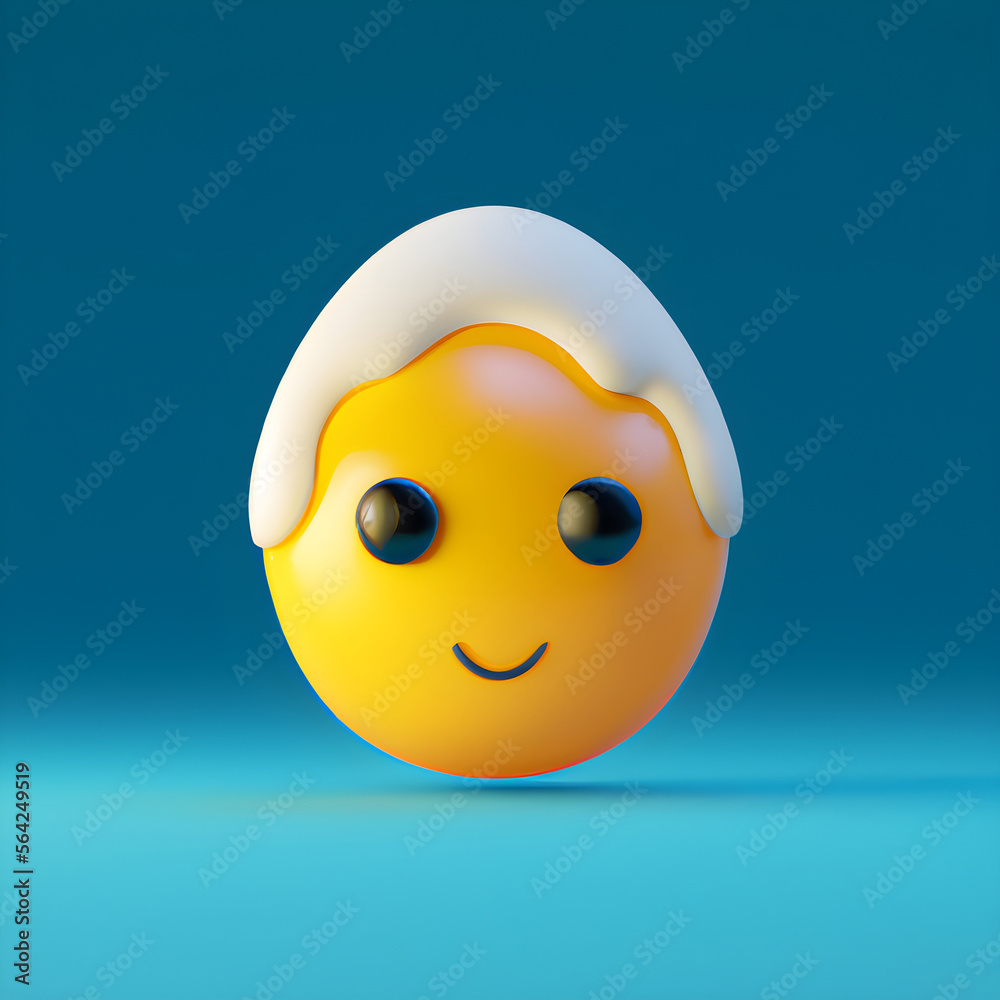 Cute smiling fried egg emoji character with big eyes on a blue