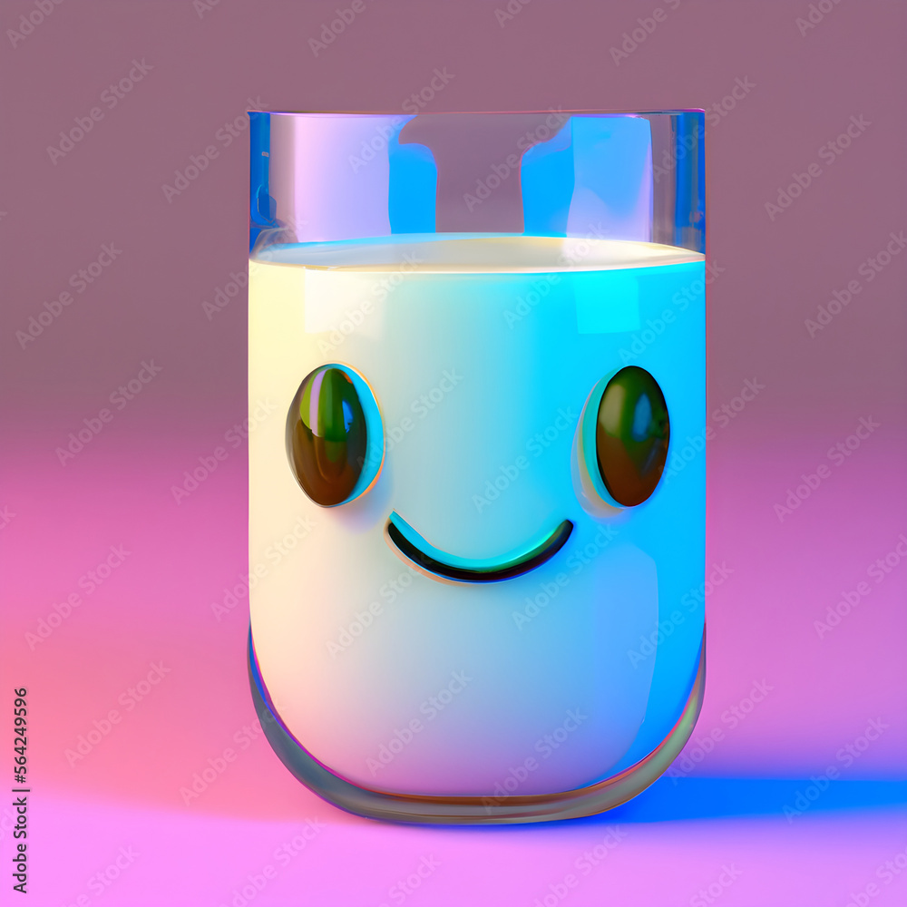 Cute smiling glass of milk emoji character with big eyes on a purple
