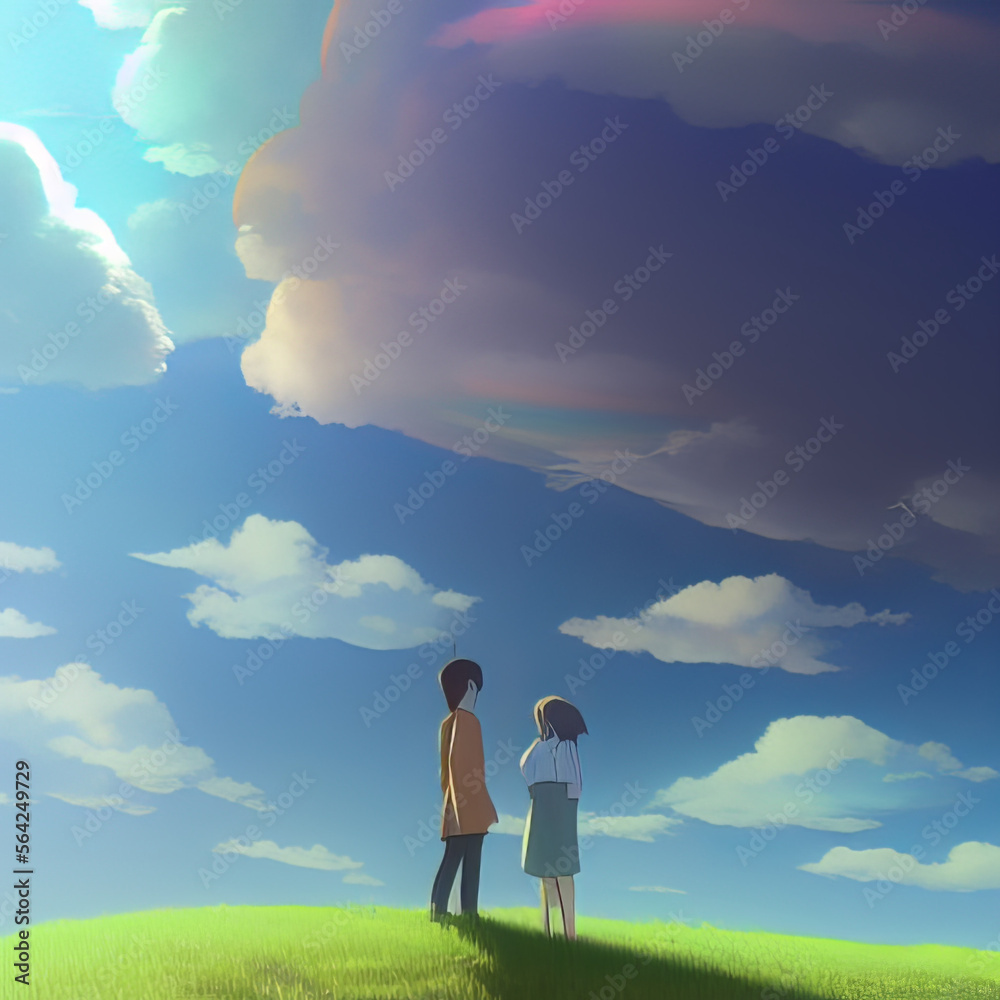 anime couple on hill - generative ai illustration anime couple on hill - generative ai illustration