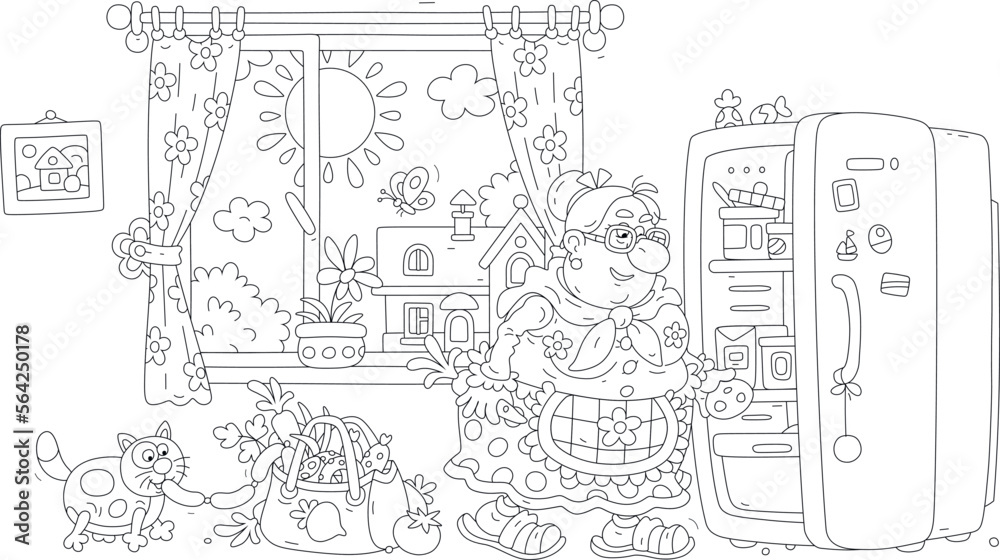 Obraz premium Funny chubby housewife and her merry cat putting fresh vegetables and sausages from a shopping bag into a fridge in a kitchen, black and white outline vector cartoon for a coloring book