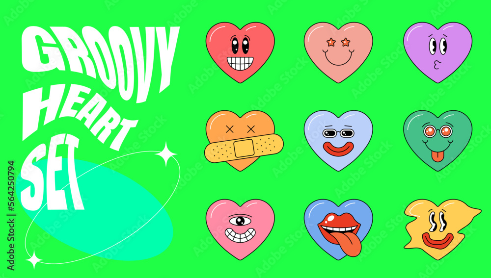 Retro groovy comic style lovely heart shapes. Psychedelic hippie crazy love character collection concept. Vintage hippy various emoji valentines day sticker pack. Emoticon mascots abstract y2k eps set