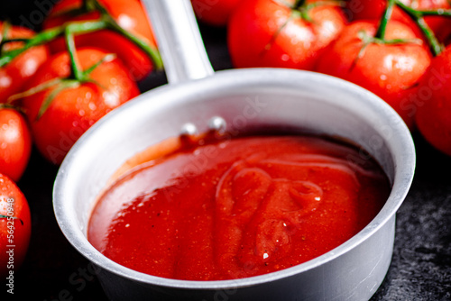 Tomato sauce with ripe fresh tomatoes on a branch. 