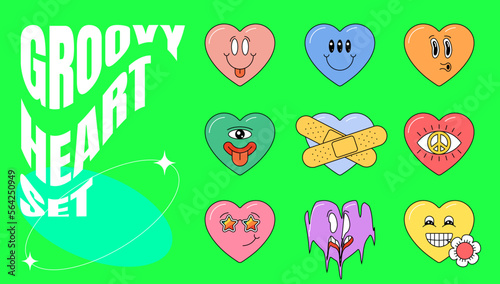 Retro groovy style lovely heart shape set. Psychedelic hippie crazy love cartoon character collection. Abstract vintage hippy various emoji valentines day sticker pack. Emoticon trendy y2k eps mascots