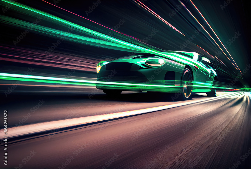 Car speed with blurry light trail in the dark background. Transportation and Technology concept. Generative AI