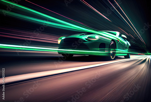 Car speed with blurry light trail in the dark background. Transportation and Technology concept. Generative AI © Virtual Art Studio