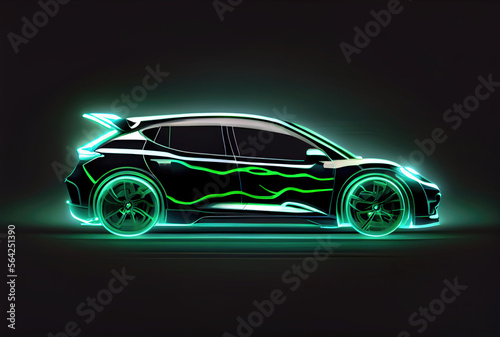 Modern car with green light trail as speed and energy power on black dark background. Transportation and innovation concept. Generative AI © Virtual Art Studio