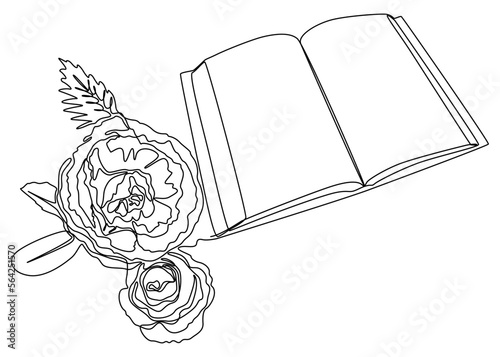 One continuous line of opened Book with Rose. Thin Line Illustration vector concept. Contour Drawing Creative ideas.