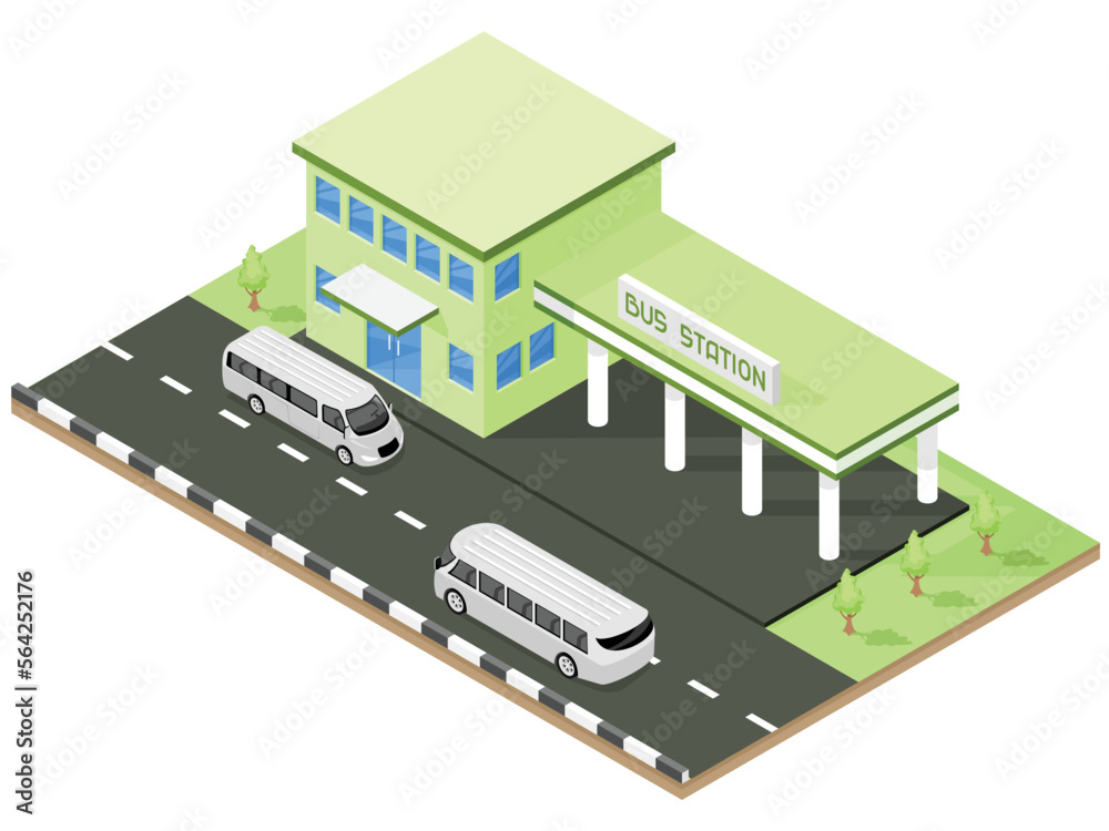 Bus station building isometric design. Vector graphics