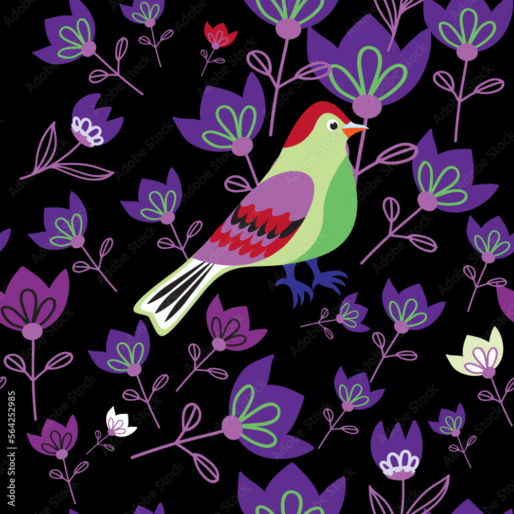 Seamless pattern with a bird and flowers.  Vector file for designs.