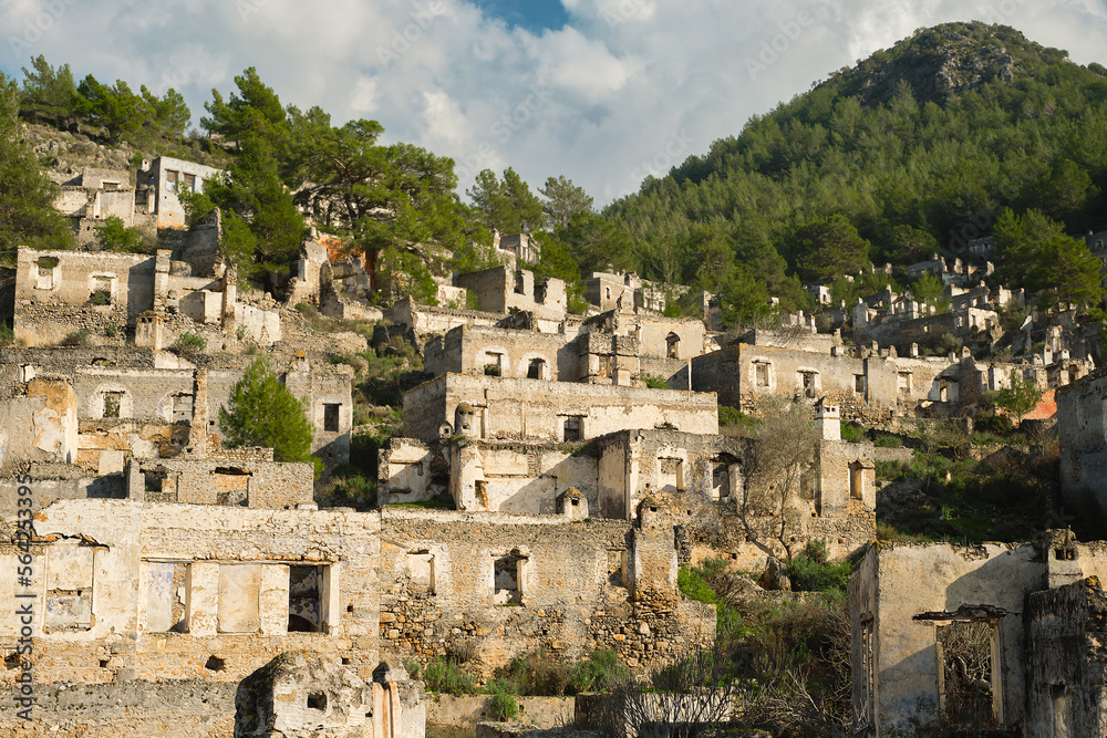 Kayakoy village, abandoned ghost town near Fethiye - Turkey, ruins of stone houses. Site of the ancient Greek city of Karmilissos from the 18th century