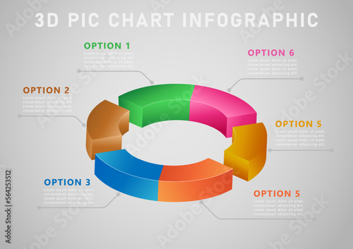 3d infographics Six options pie chart diagram. Illustration, vector. There are many bright colors. and there is a bright light gray gradient background