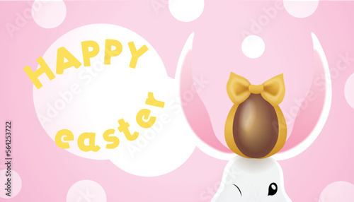 Happy Easter Day vector greetings background illustration. Easter bunny head with a chocolate egg on a flat light background. Easter sales background template.