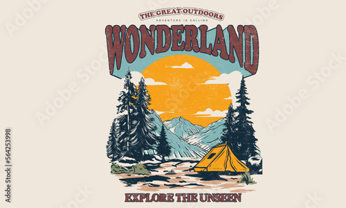 Mountain camping.  Adventure vintage print design for t shirt and others. National park graphic artwork for sticker, poster, background.