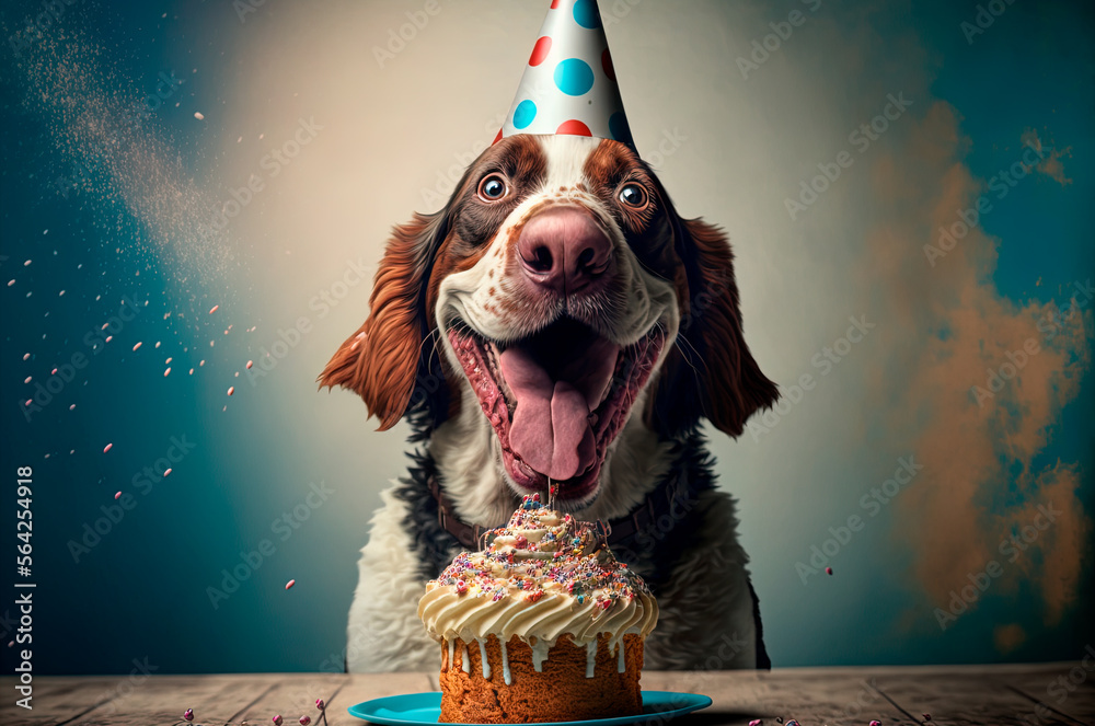 funny dog with party hat celebrating his birthday with a cake with ...