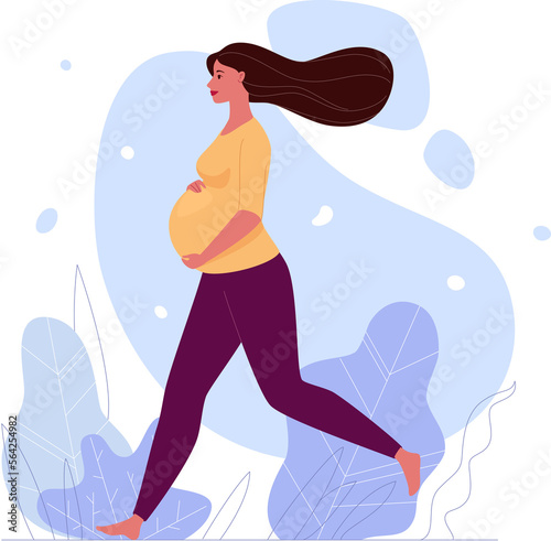 Fototapeta Naklejka Na Ścianę i Meble -  Beautiful pregnant woman is walking barefoot, hugging her big belly. Profile picture. Illustration. Raster in flat cartoon style.