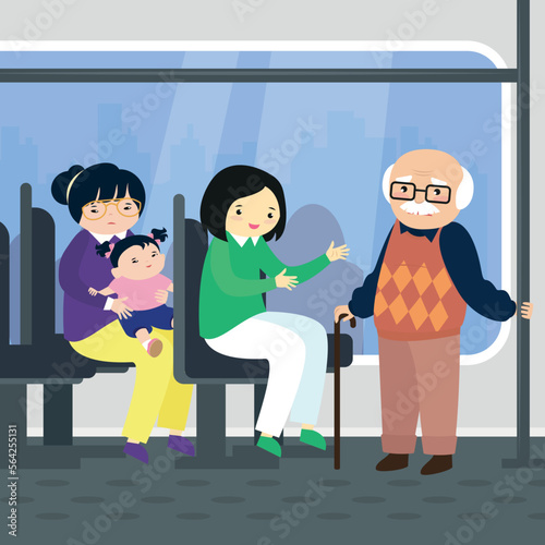 A woman tries to give up her seat to an elderly man