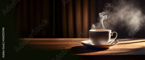Cup of coffee on wooden table web banner size generative ai