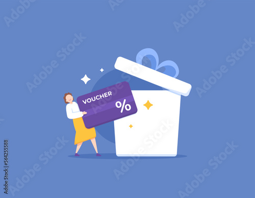 discount gift vouchers. loyalty programs. gifts for loyal customers. claim prize. a female shopper gets a free discount voucher from a gift box. illustration element design. graphic elements
