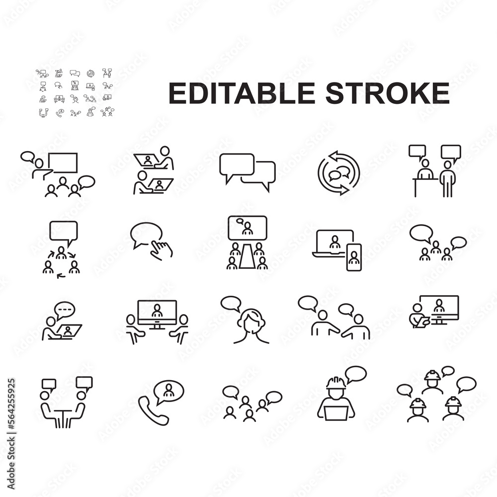 Simple Set of Business Communication Related Vector Line Icons. Contains such Icons as Meeting, Conference Call, Agreement, Chat and more. Editable Stroke.