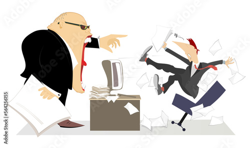 Angry boss and employee. 
Angry chief scolds his frightened employee falling from the chair
