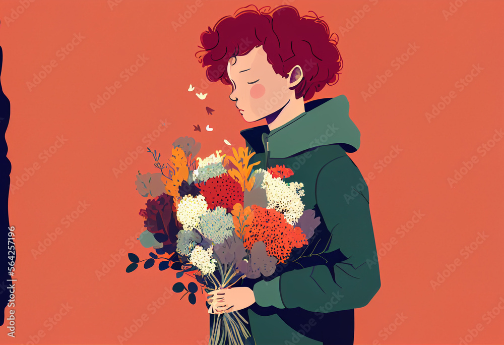 Boy, tinager with beautiful bouquet of flowers..