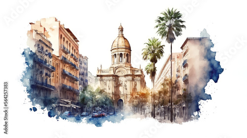 watercolor barcelona street, architecture sketch, generative ai