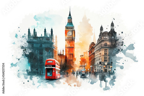 Watercolor painting of Big Ben in London city, the UK. English symbol artistic picture. Generative ai