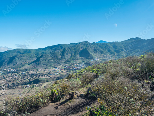 Lush green valley with terraced fields and village Las Portelas. Landscape with rocks and hills seen from hiking trail at Park rural de Teno, Tenerife, Canary Islands, Spain. sunny day, blue sky