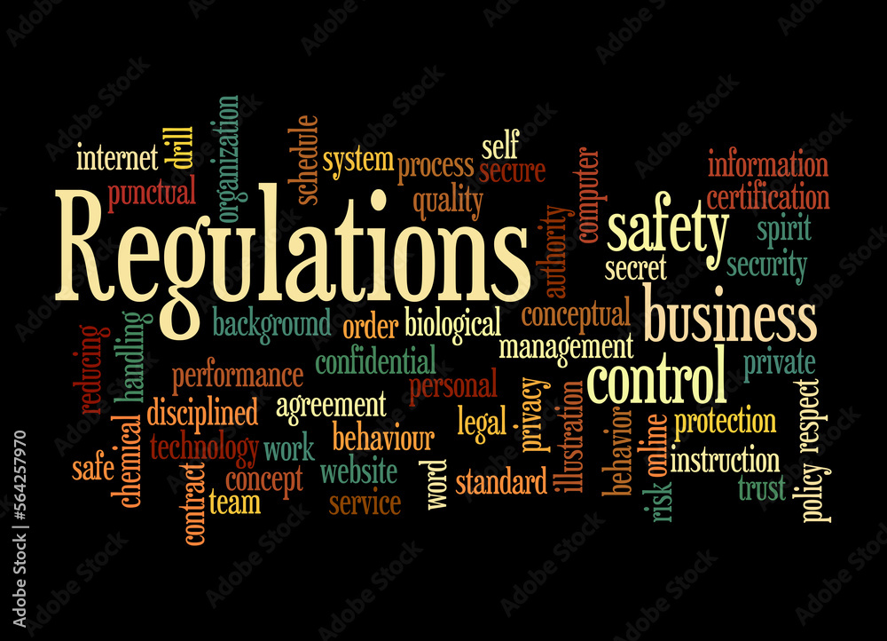 Word Cloud with REGULATIONS concept, isolated on a black background Word Cloud with REGULATIONS concept, isolated on a black background