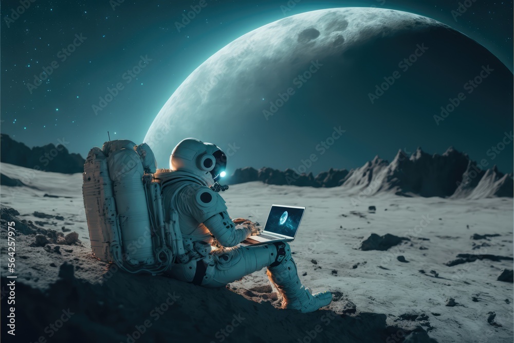 astronaut in space at the moon with laptop made with generative ai - obrazy, fototapety, plakaty 