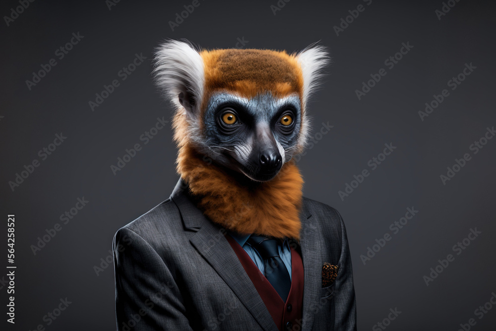 Portrait lemur in a business suit on isolated background, generative ai