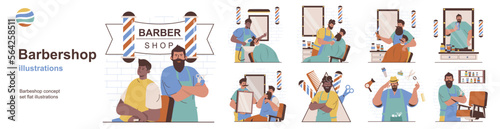 Barbershop concept with character situations collection. Bundle of scenes people get hair, mustache and beard care, make stylish haircuts and hairdressing. Vector illustrations in flat web design