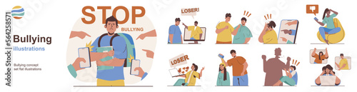 Bullying concept with character situations collection. Bundle of scenes people exposed to abuse and violence, toxic communication at school, work and Internet. Vector illustrations in flat web design