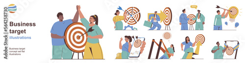 Business target concept with character situations collection. Bundle of scenes people analyze market data, hitting career target with arrow and achieve goals. Vector illustrations in flat web design
